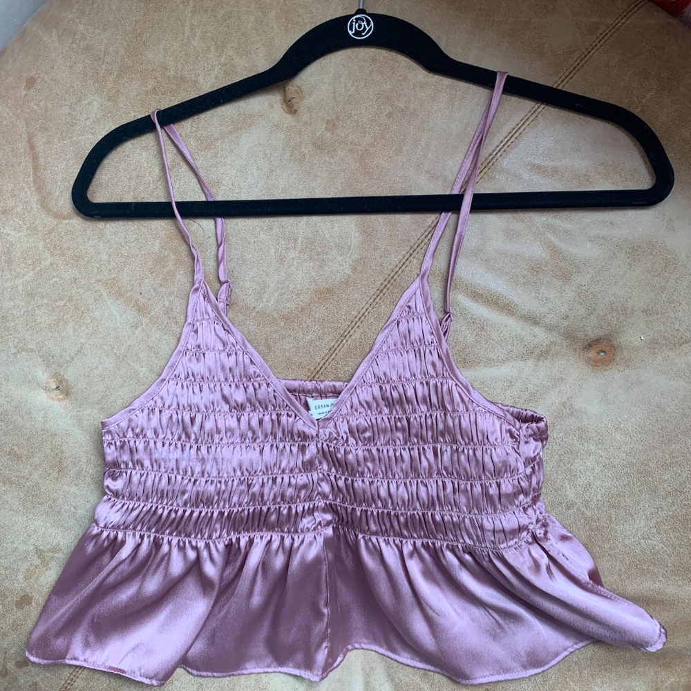 Pink silky ruched peplum crop tank